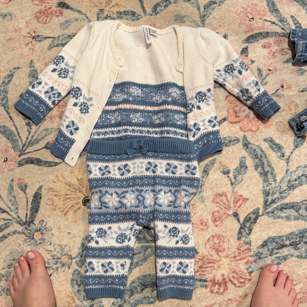 Janie and Jack Cream and Blue Girl Sweater Matching Set